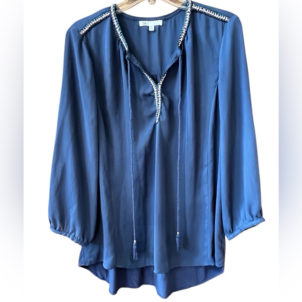DR2 Indigo Blue Peasant Blouse with Tasseled Tie Size XL